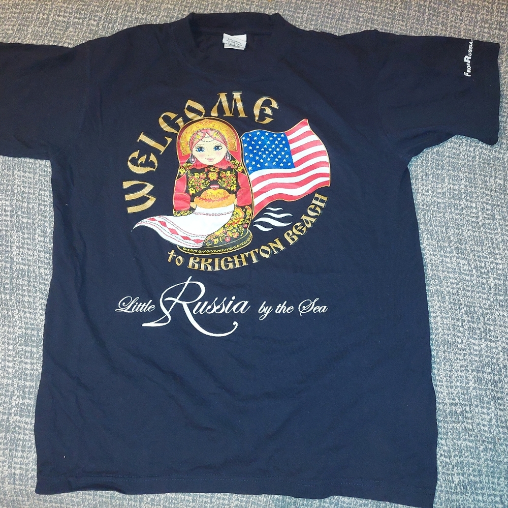 Russian themed t-shirts black with Russian dull American flag and welcome logo L